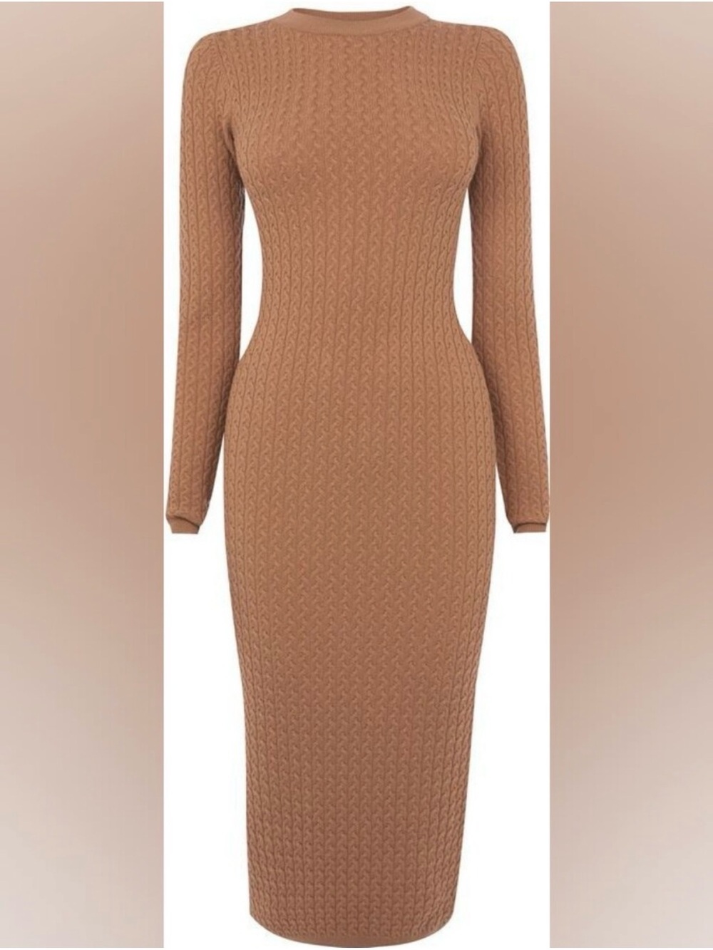 Slim-Fit Long Sleeve Midi Sweater Dress in Camel